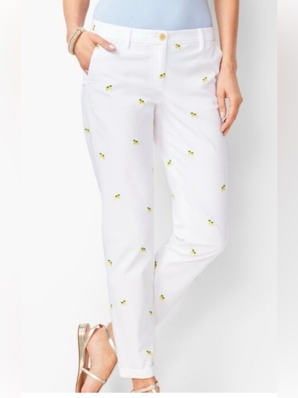 Talbots Women's White Chino With Embroidered Lemon Detail Slim Fit Size 16